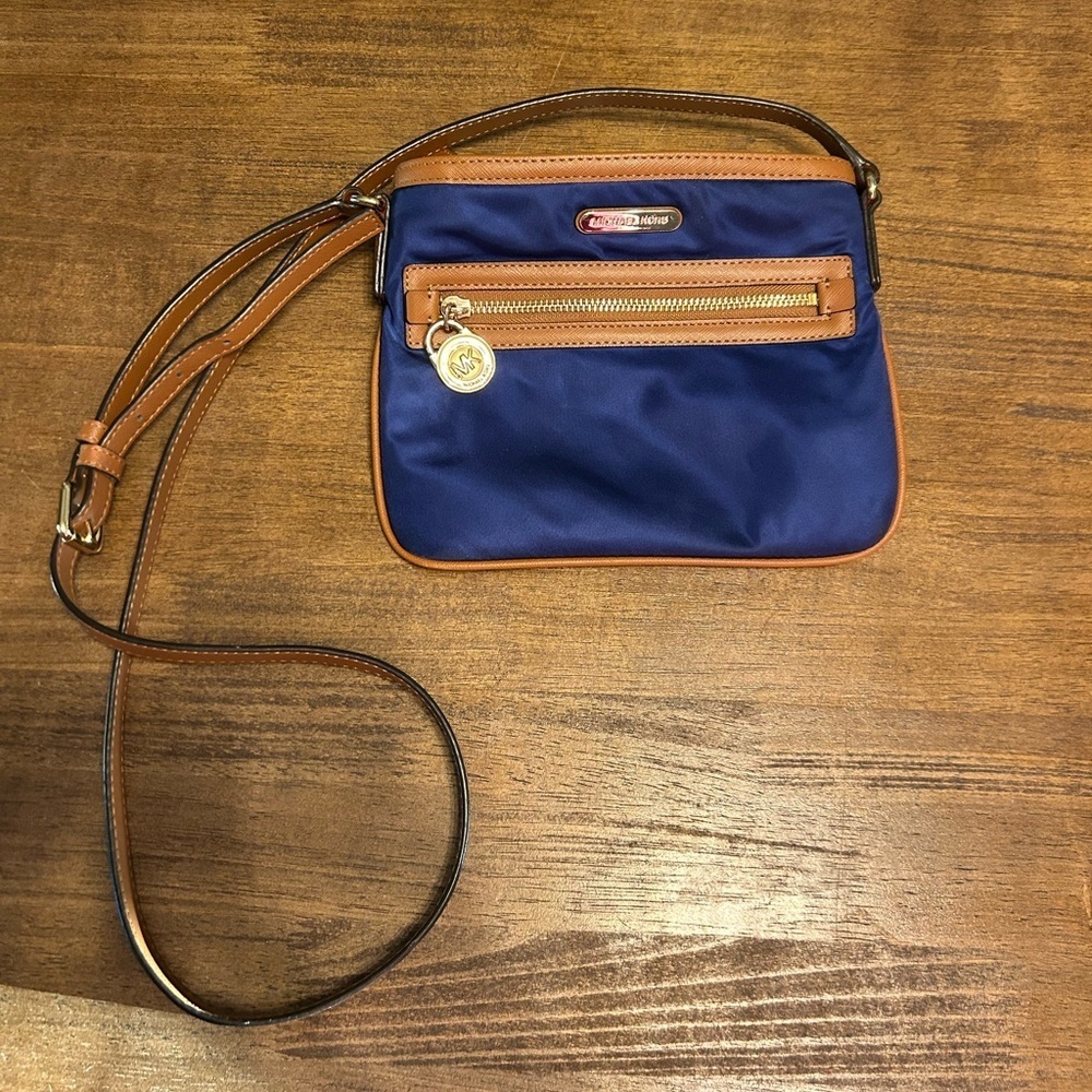Michael Kors Kempton Blue and Tan Nylon Crossbody Purse